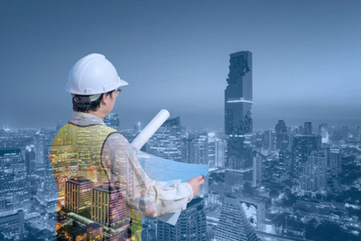 建筑師工作場所-建筑工具、 藍圖、 頭盔、 卷尺、 建設理念。工程工具